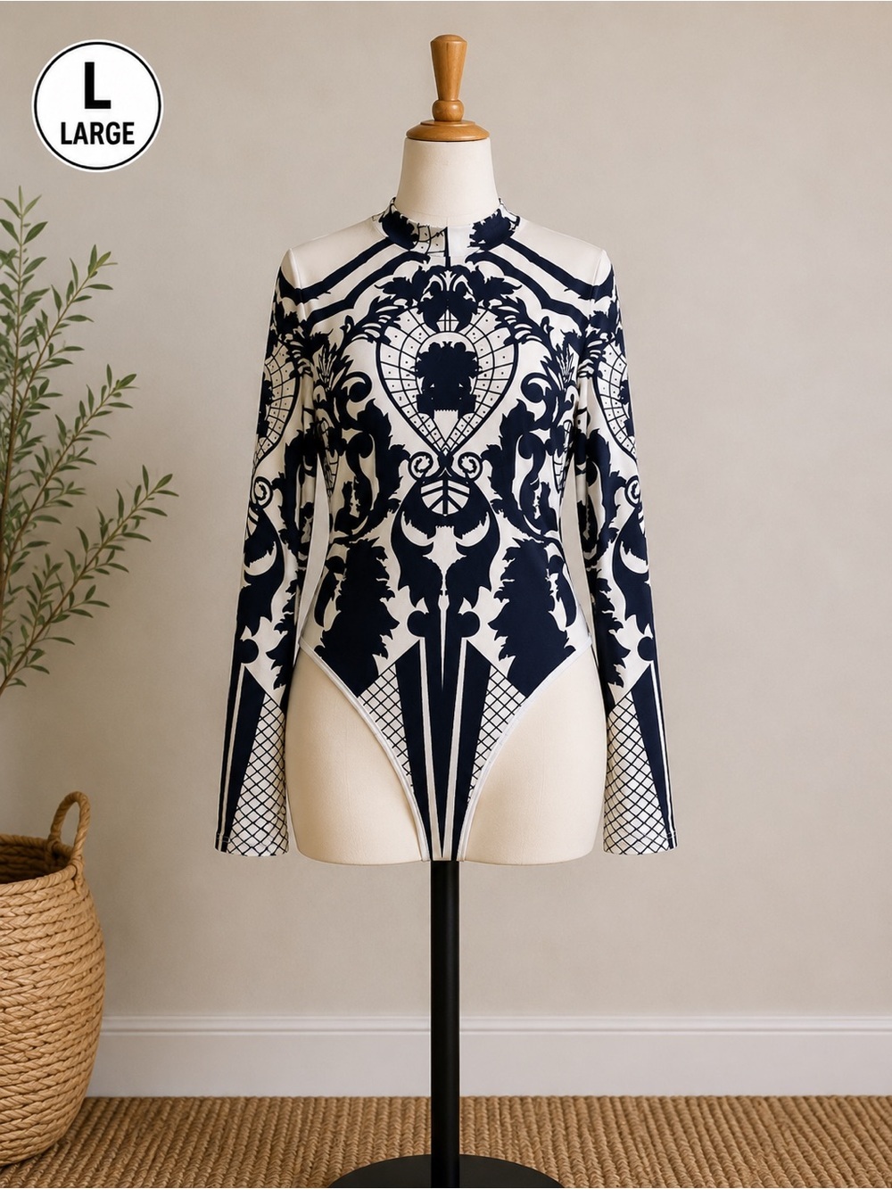SHEIN black and white Long-Sleeve Abstract Fleur Bodysuit